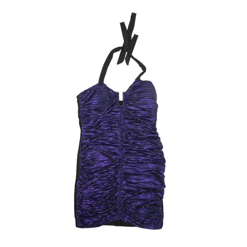 LINDA Y2K Shimmer Halter Mini Dress Purple Sleeveless Short Womens UK 8 Chic Mini Dress with V-Neck