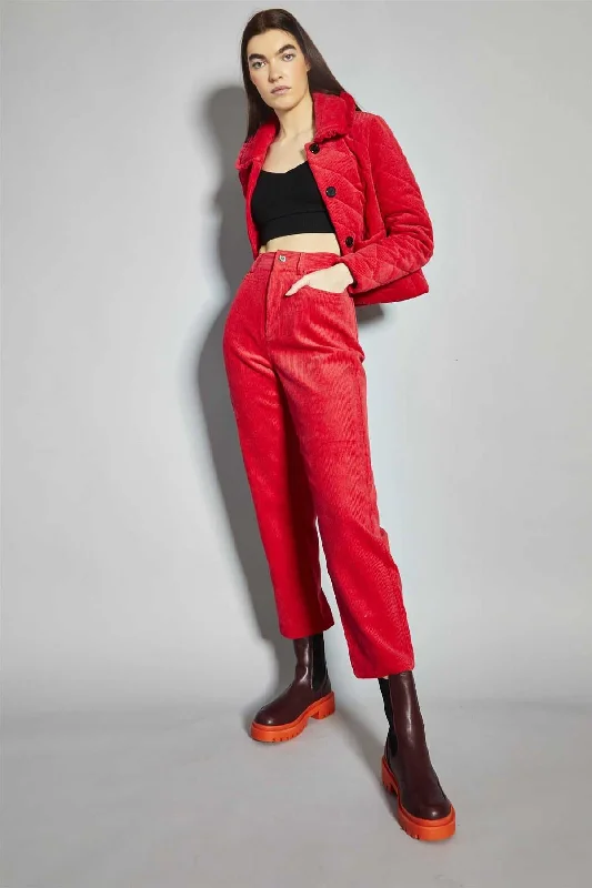 Lollipop-Red Corduroy Collared Padded-Jacket Herringbone Jacket Checkered Jacket Solid Jacket