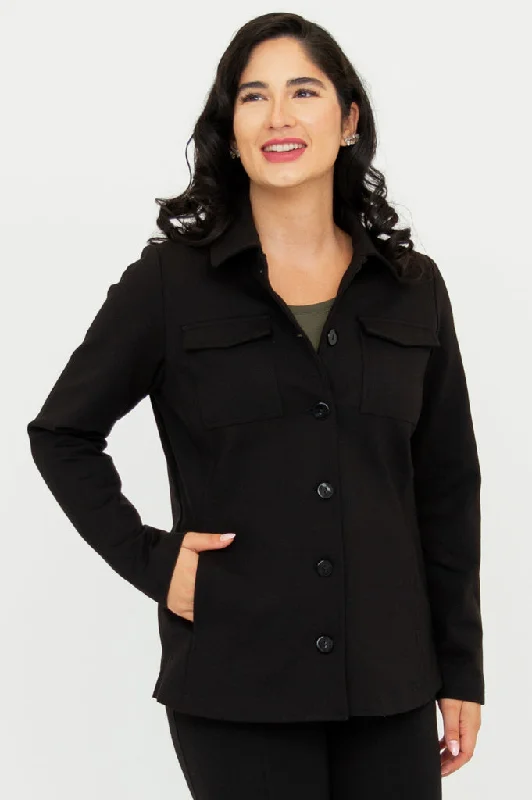 Lolo Jacket, Black, Modal Notch Collar Peter Pan Collar Cowl Neck