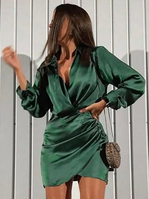 Amy Fashion - Long Sleeve V Neck Ruched Wrap Mini Dress Casual Button-Up Mini Dress