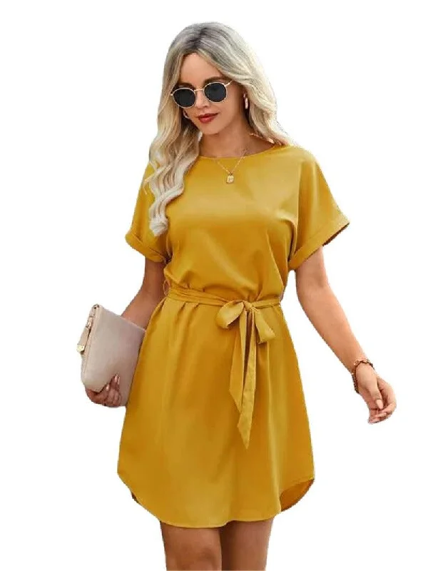Loose Plus Size Temperament Pure Color Tied Waist Girdle Dress