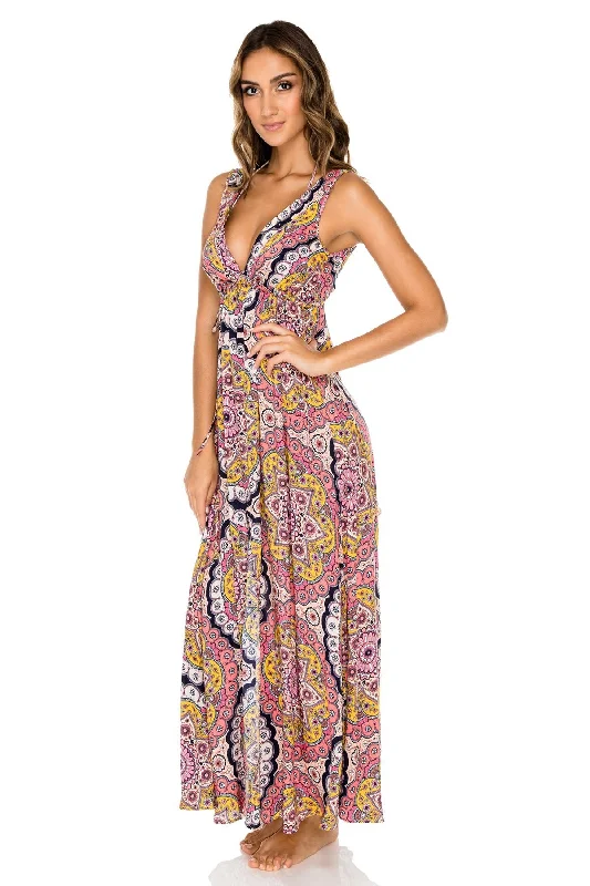 Luli Fama Alhambra V Neck Long Dress in Coral