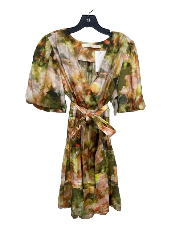 Marie Oliver Size 8 Green & Multi Silk Blend Tiered Abstract Print Dress