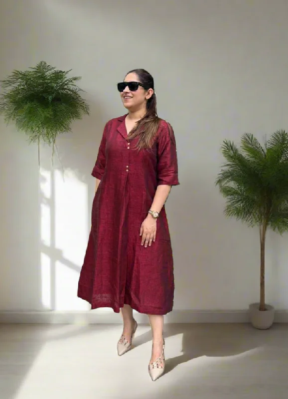 Maroon Linen Antifit Collared Dress/Kurta