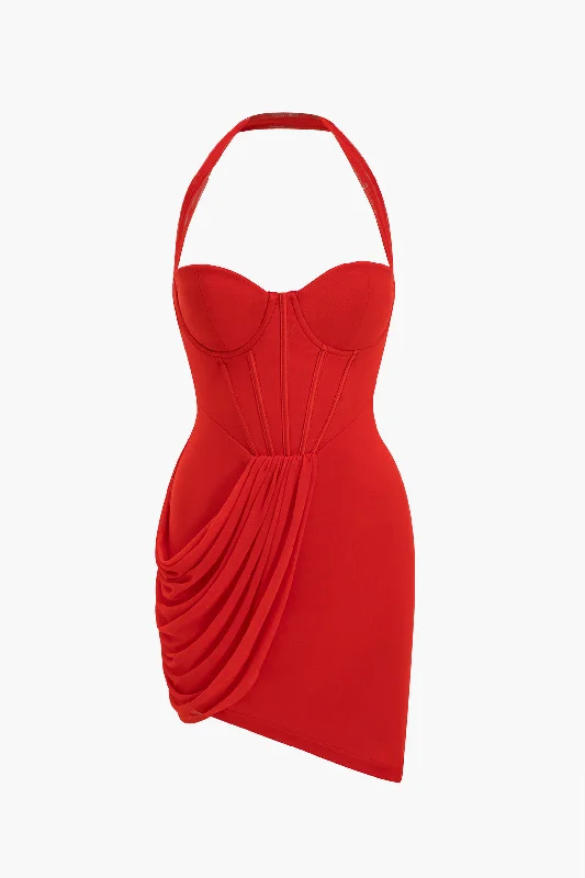 Mesh Halter Neck Backless Bustier Mini Dress Trendy Crossover Mini Dress