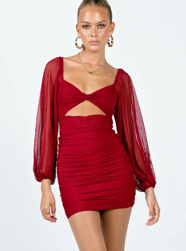 Merley Long Sleeve Mini Dress Burgundy Trendy Button-Detail Mini Dress