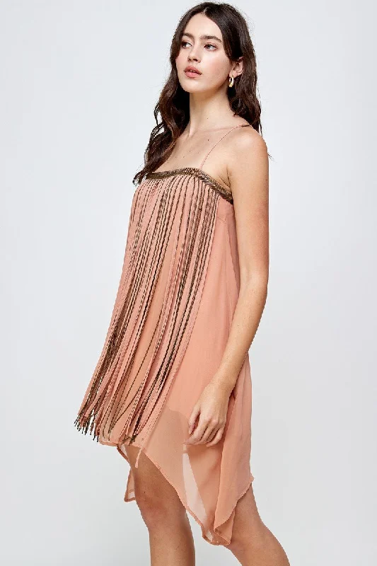 Vintage Metal Fringed Mini Dress Comfortable Shift Mini Dress