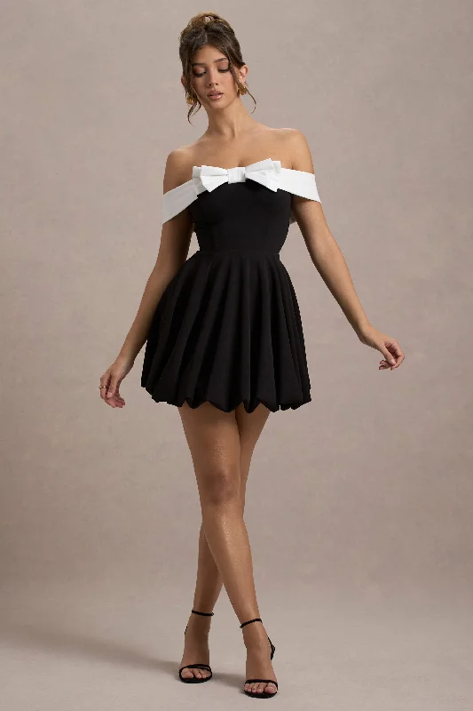 Minimoiselle | Black & White Bow Bardot Mini Dress With Puff-Ball Skirt Cozy Ruched Mini Dress