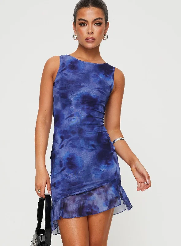 Molita Ruffle Hem Dress Mini Dress Navy Stylish Short Sleeve Mini Dress
