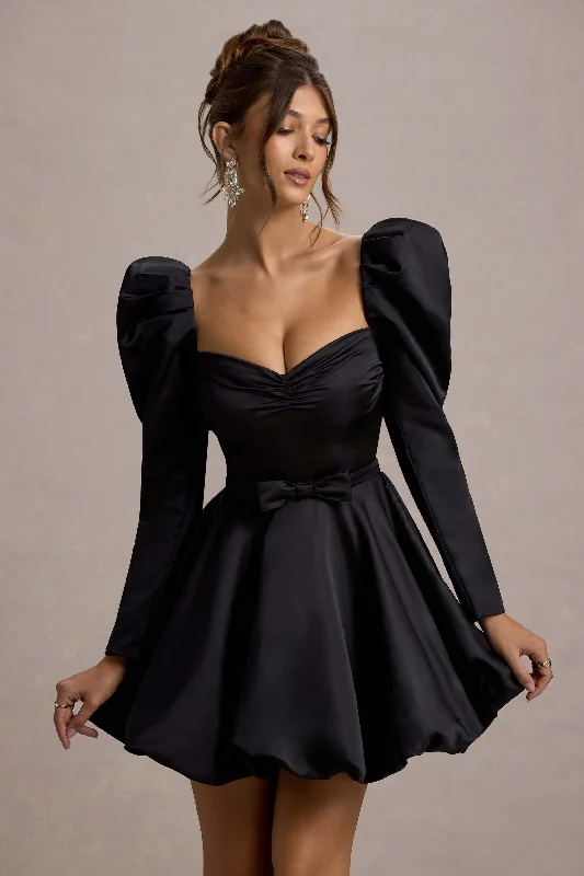 Murphy | Black Satin Belted Mini Dress With Puff Sleeves Cozy Jersey Mini Dress