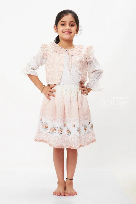 Beige Floral Lace Fancy Cotton Frock with Sheer Jacket for Girls Lace Jacket Ribbed Jacket Sequined Jacket Beige Floral Lace Fancy Cotton Frock with Sheer Jacket for Girls Lace Jacket Ribbed Jacket Sequined Jacket