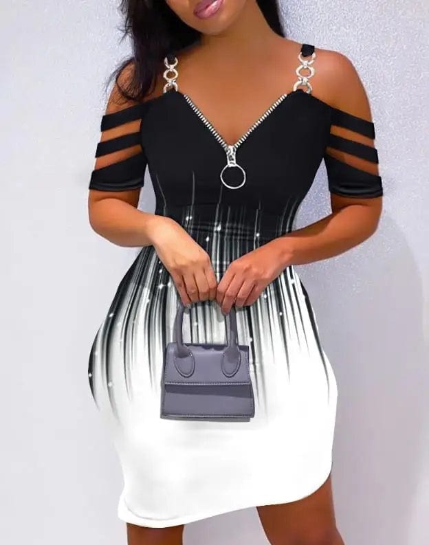 New Fashion 2023 Summer Casual Sexy Colorblock Cold Shoulder Bodycon Skinny Mini Dress Elegant Dresses for Women Chic Mini Dress with V-Neck