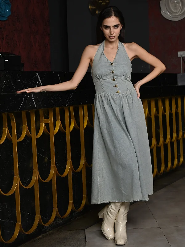 Odette Blue Solid Washed Denim Stitched Western Dress for Women