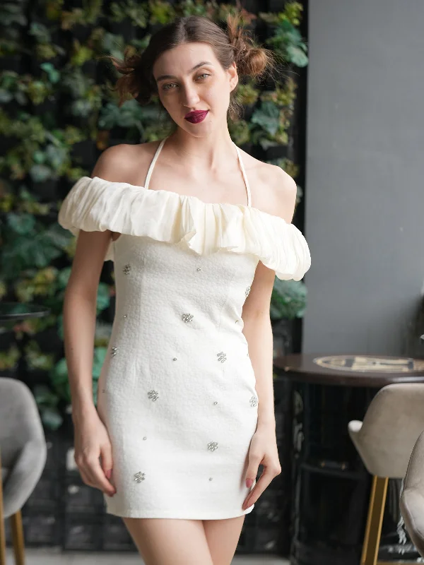 Odette Cream Embellished Polyester Jacquard Stitched Western Dress for Women