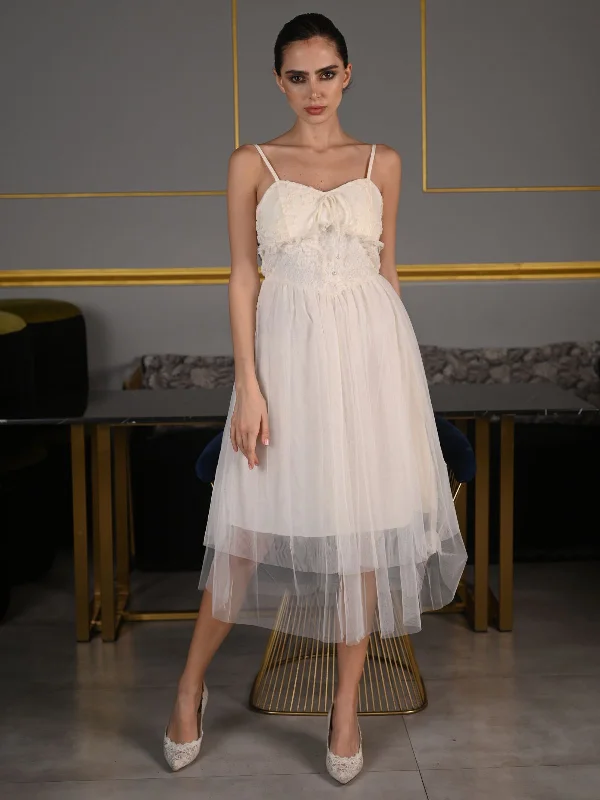 Odette Cream Lace Work Net Stitched Western Dress for Women