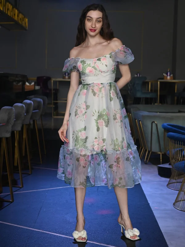 Odette Multicolor Printed Organza Stitched Western Dress for Women