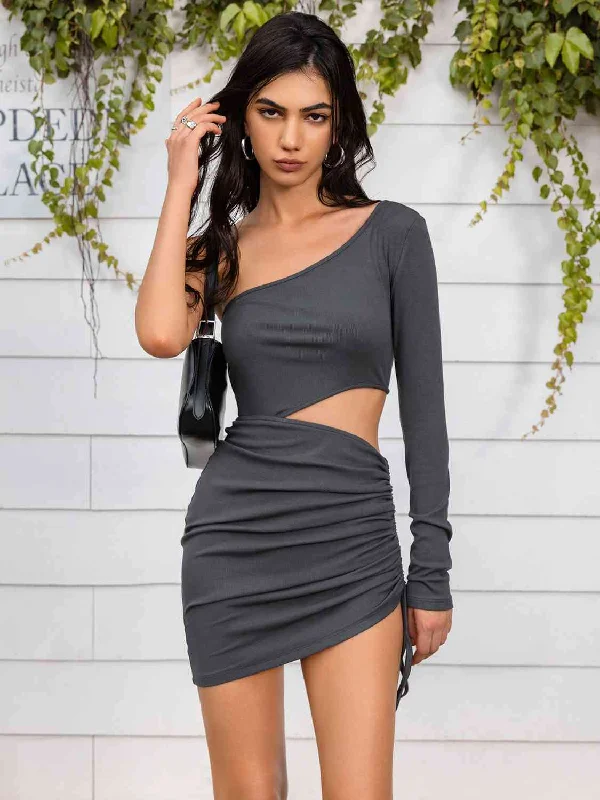 One Shoulder Cutout Detail Mini Dress Cozy Cowl Neck Mini Dress