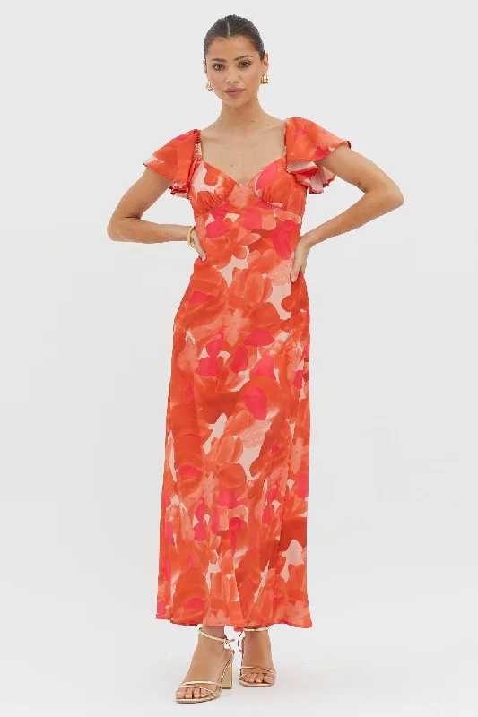 Park Avenue Flutter Sleeve Mini Dress Abstract Orange Fashionable Button-Front Mini Dress