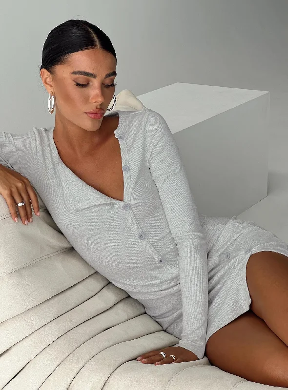 Passoni Long Sleeve Mini Dress Grey Trendy Button-Detail Mini Dress