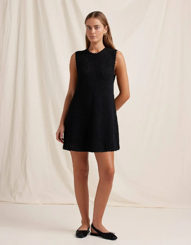 Pointelle Shift Mini Dress Noir Comfortable Zip-Up Mini Dress