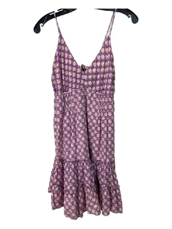 Perry Walker Size S Purple & Beige Cotton Spaghetti Strap Printed V Neck Dress
