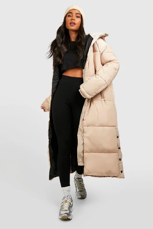 PETITE HOODED LONGLINE PUFFER JACKET-STONE Appliqued Jacket Beaded Jacket Sequined Jacket