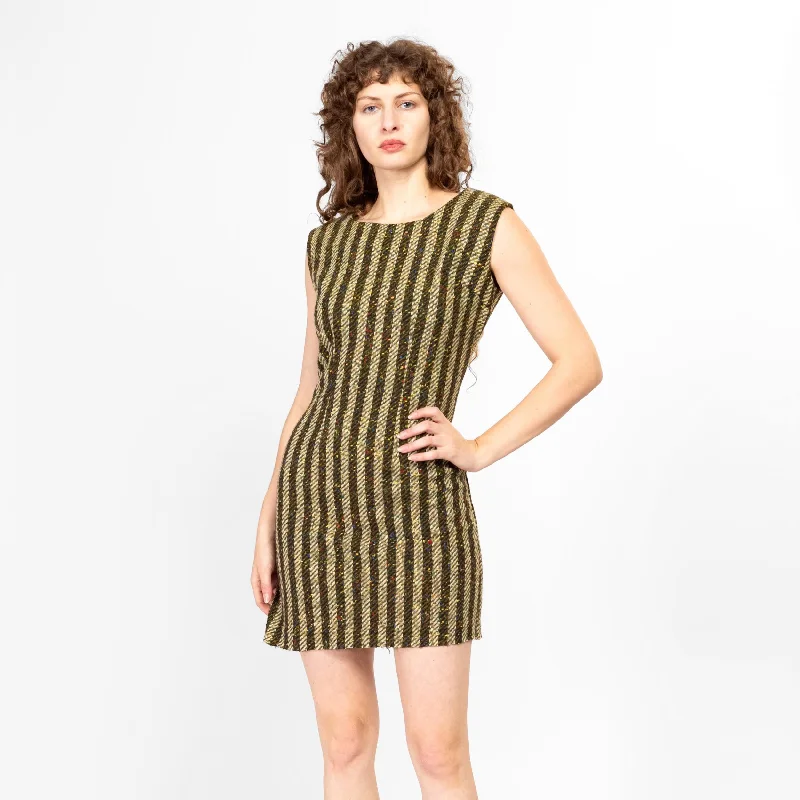 Petite Medium 60s 70s Green Striped Woven Mini Dress Elegant Satin Lace Mini Dress