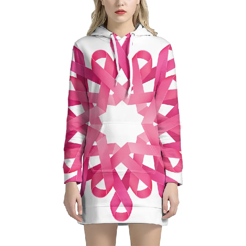 Pink Breast Cancer Ribbon Flower Print Pullover Hoodie Dress