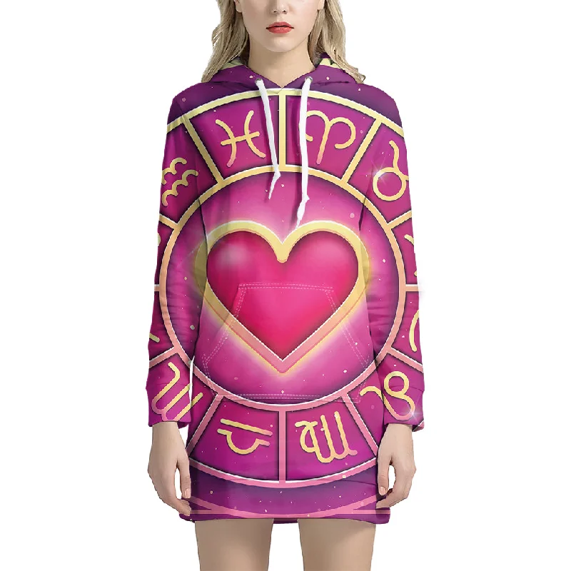 Pink Heart Zodiac Wheel Print Pullover Hoodie Dress