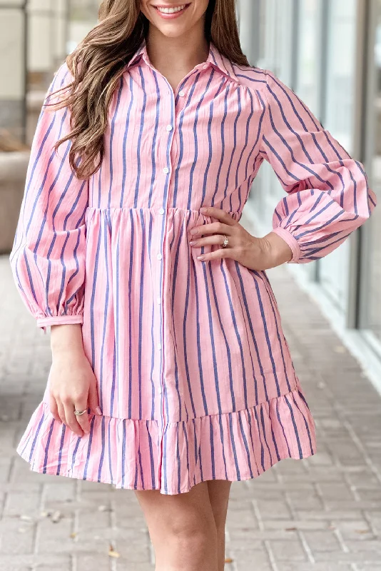 Pink Stripe Ruffled Hem Button-up Collared Shirt Mini Dress Modern Satin Mini Dress