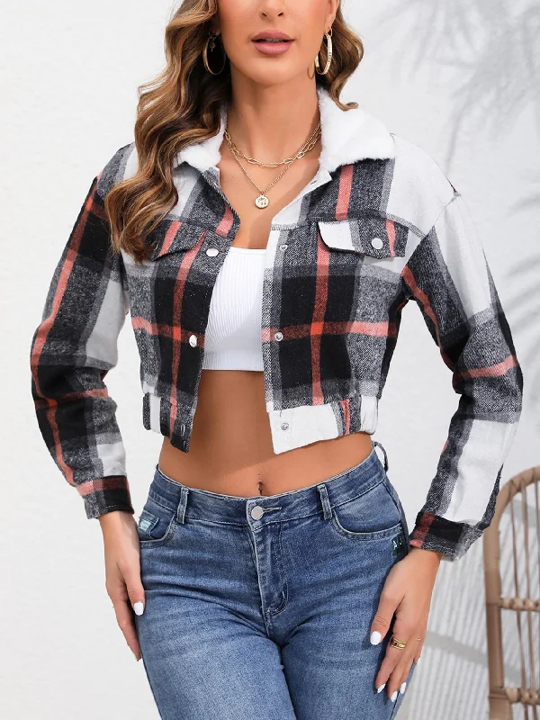 Plaid Long-sleeved Cropped jacket Faux Fur Fabric Real Fur Fabric Shearling Fabric