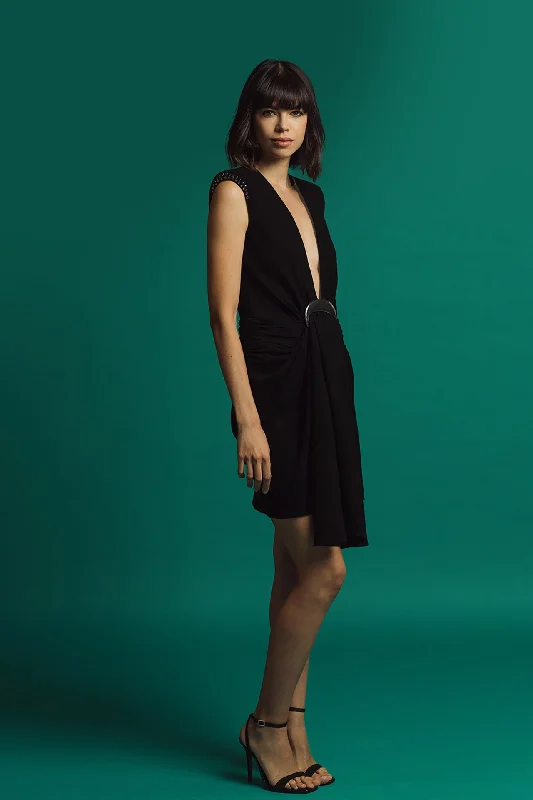 Plunging neckline front draped knee length dress