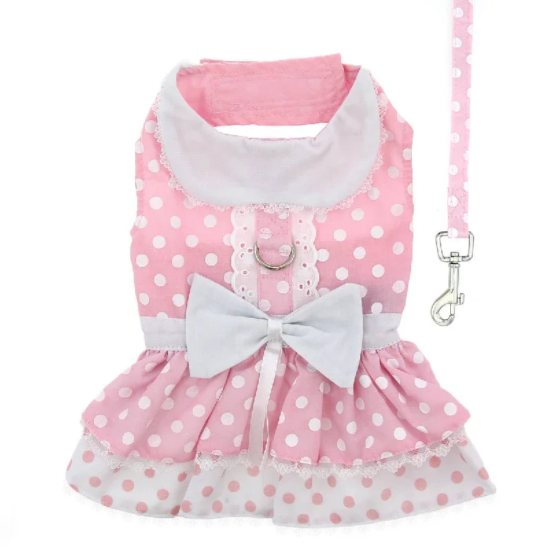 Pink Polka Dot and Lace Dog Dress Set w/ Matching Leash