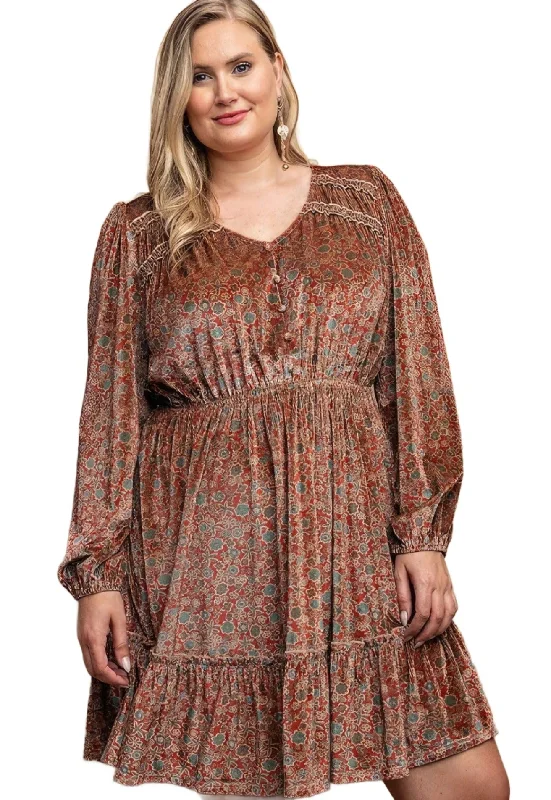 Printed Velvet V-neck Dress With Button Front Detail
