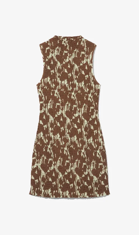 Proenza Schouler White Label | Printed Smocked Mini Dress - Buttercream/Coffee Stylish Ribbed Mini Dress