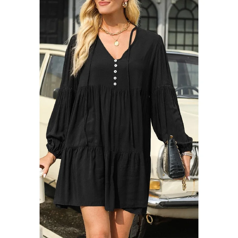 Puff Sleeve Buttoned Tiered Ruffled Mini Dress Fashionable Party Mini Dress
