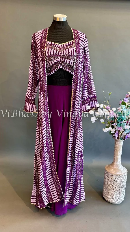 Violet Sharara Set With Sleeveless Blouse  And Detachable Jacket Cardigan Sweater Pullover