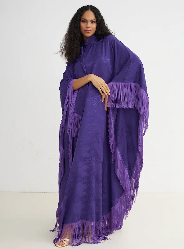 Purple Jacquard Kaftan Dress With Tie Neck Detailed