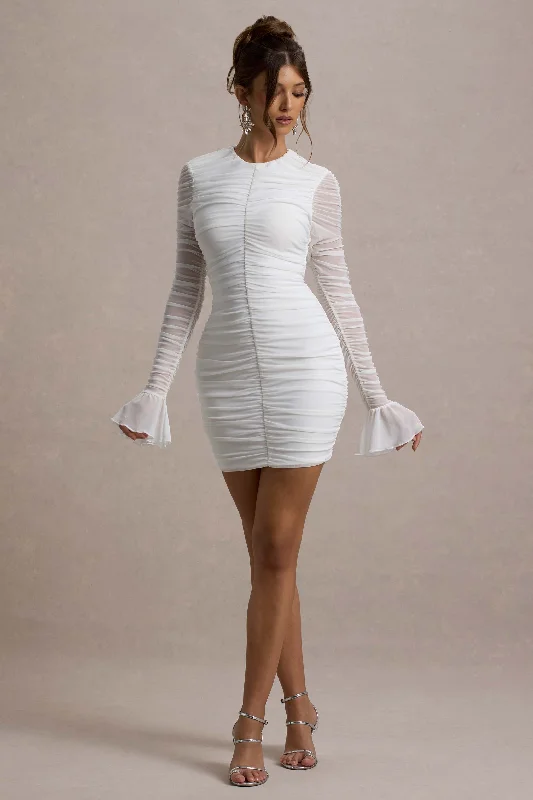 Romilly | White Ruched Long-Sleeve Bodycon Mini Dress Cozy Knit Mini Dress