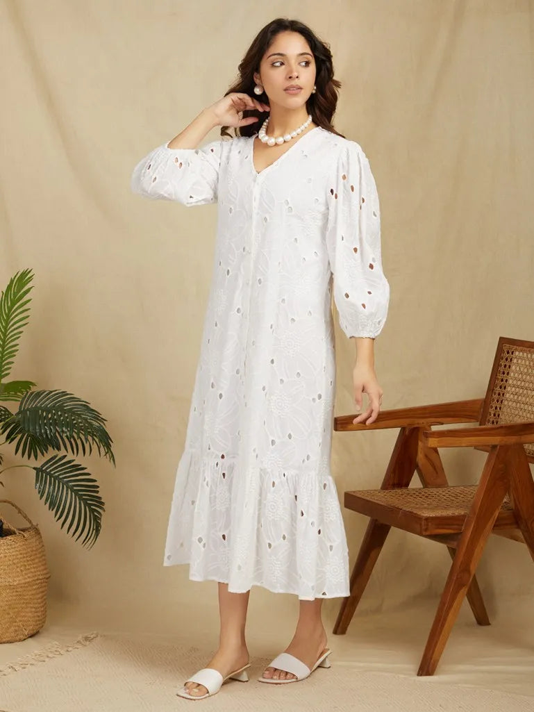 White 100% Cotton Broadries Long Dress