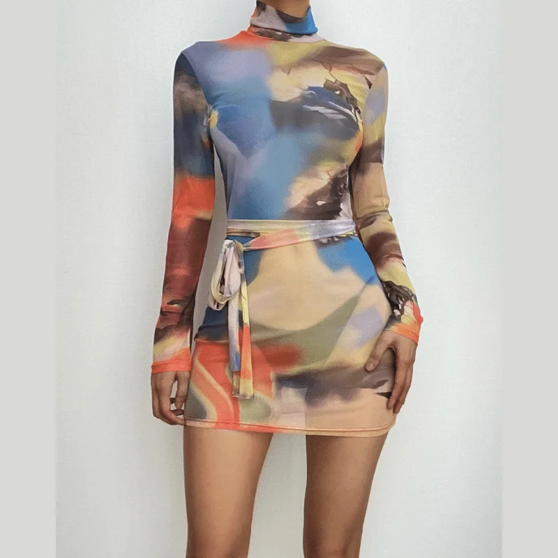 Self tie sheer mesh long sleeve high neck contrast print mini dress Trendy Mini Dress with Belt