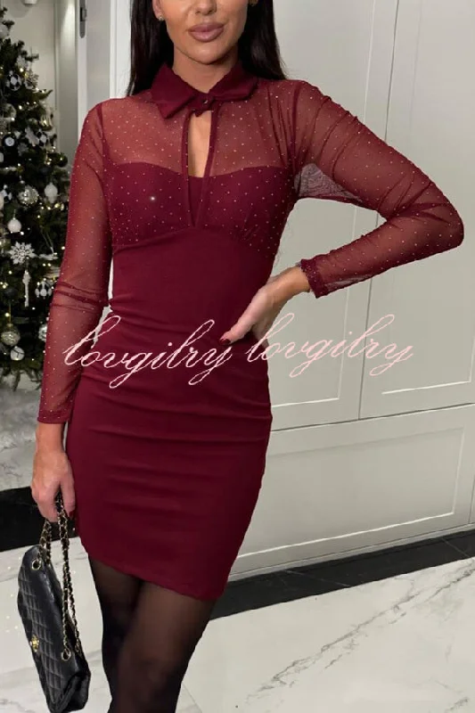 Sexy Energy Mesh Glitter Fabric Cutout Shirt Neck Long Sleeve Stretch Mini Dress Stylish Ruffle Mini Dress