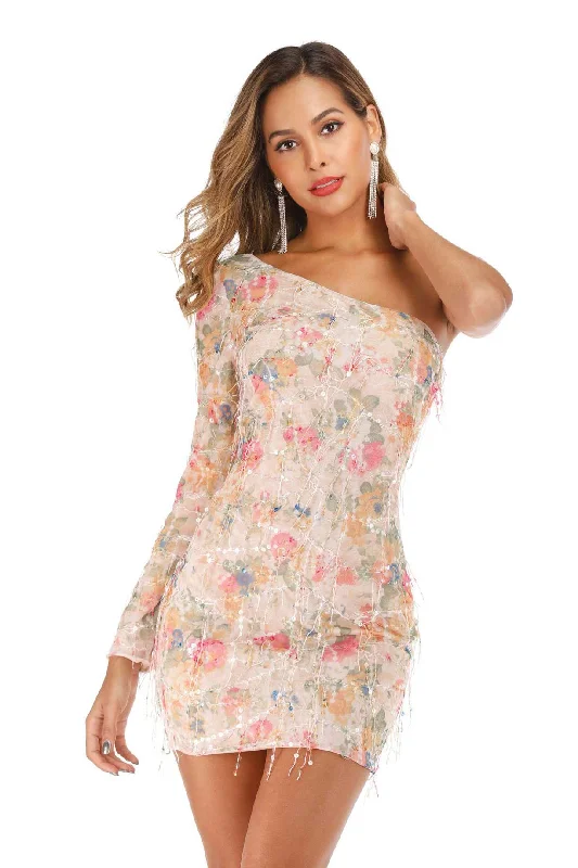Sexy One-shoulder Tasseled Sequin Mini Dress Fashionable Mini Dress with Frills