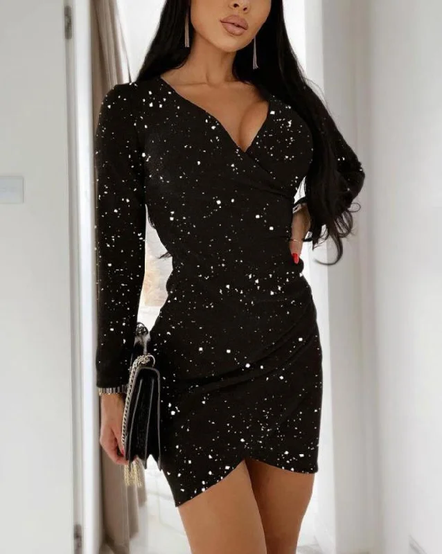 Amy Fashion - Plain V-Neck Glitter Long Sleeve Ruched Bodycon Evening Mini Dress Comfortable Shift Mini Dress