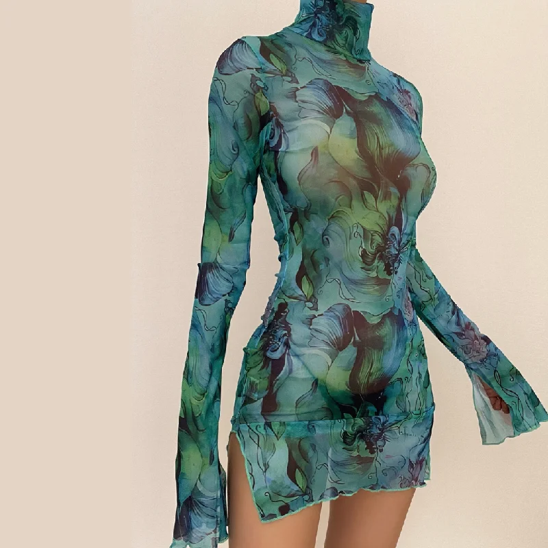 Sheer mesh see through print high neck slit long sleeve mini dress Trendy Off-Shoulder Dress Mini Sheer mesh see through print high neck slit long sleeve mini dress Trendy Off-Shoulder Dress Mini