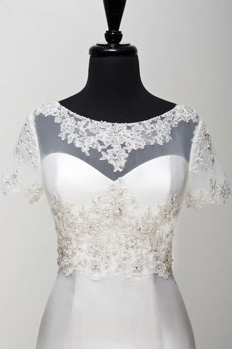 Short Sleeves Bridal Wedding Jackets Bolero with Beaded Lace Knit Fabric Woven Fabric Fleece Fabric