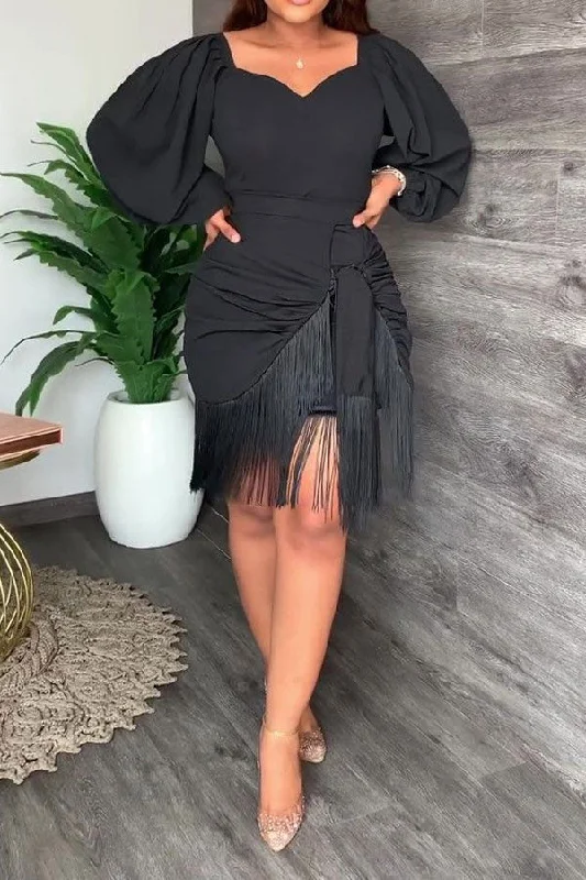 storexq Solid Color Feminine Tassel Mini Dress Comfortable Boho Mini Dress