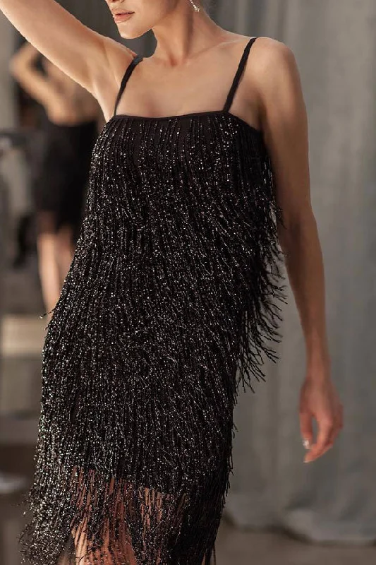 storexq Solid Color Glamorous Tassels Mini Dress Elegant Vintage Mini Dress