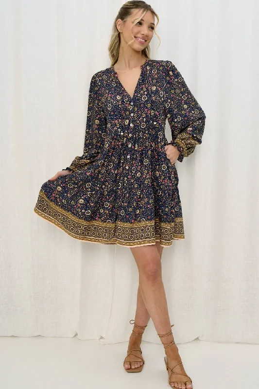 Solita Mini Dress - Navy/Gold Cozy Ruched Mini Dress