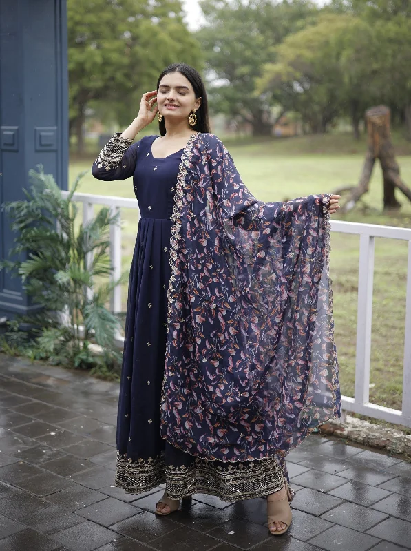 Sonakshi Women's Navy Blue Faux Blooming Sequins with Zari Embroidery Anarkali Dress with Dupatta